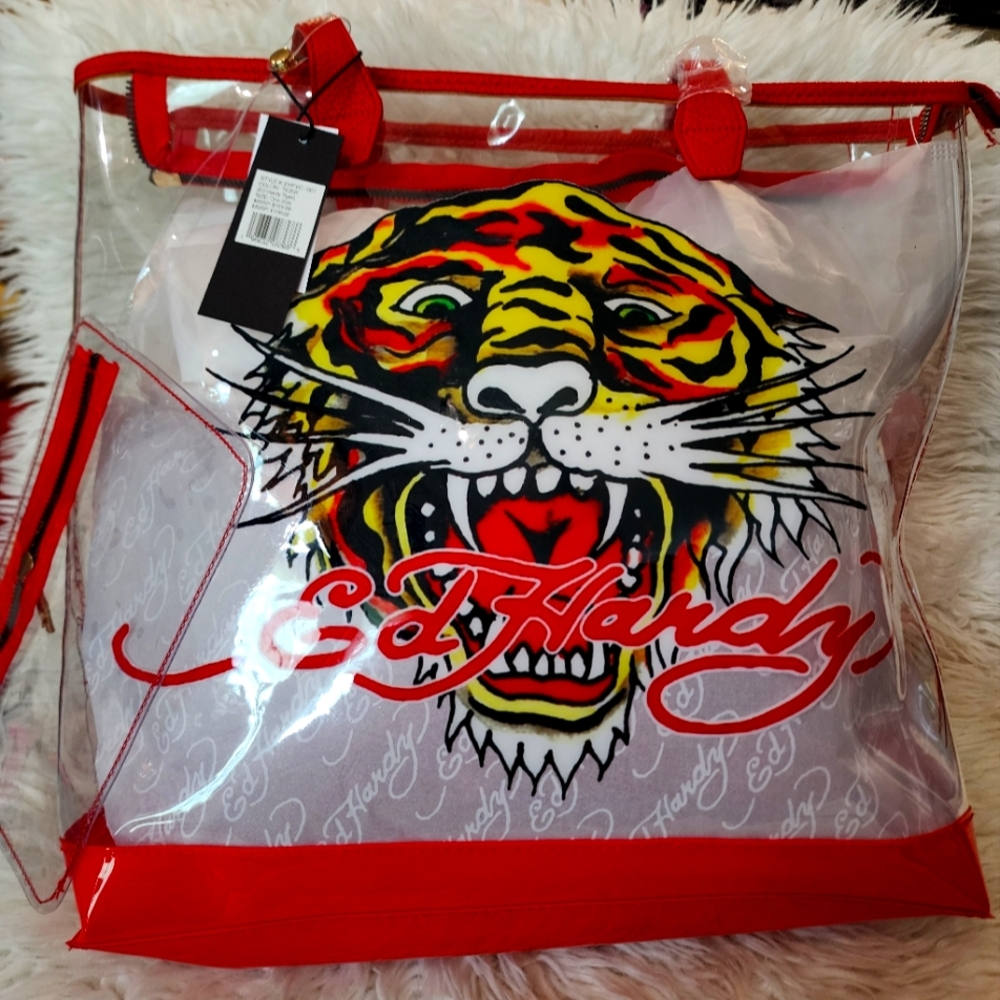 NWT. Ed Hardy Clear Tiger Tattoo PVC Tote Bag See-Through Red
